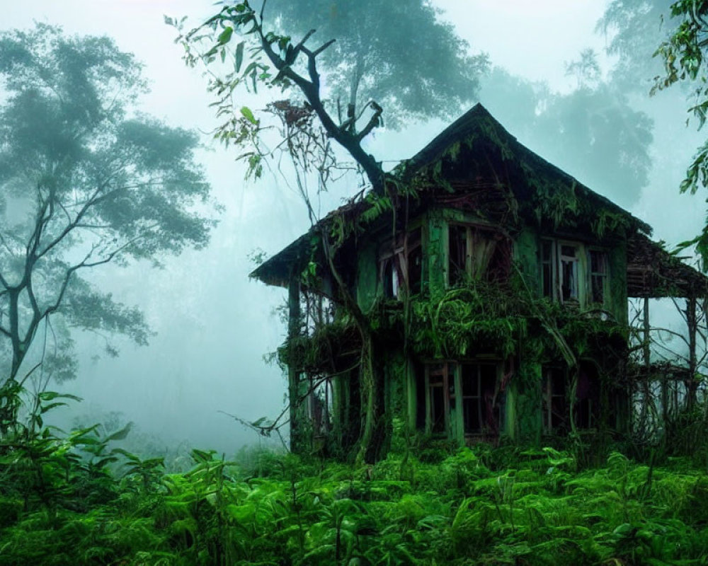 Old Two-Story House Covered in Vines and Moss in Foggy Forest