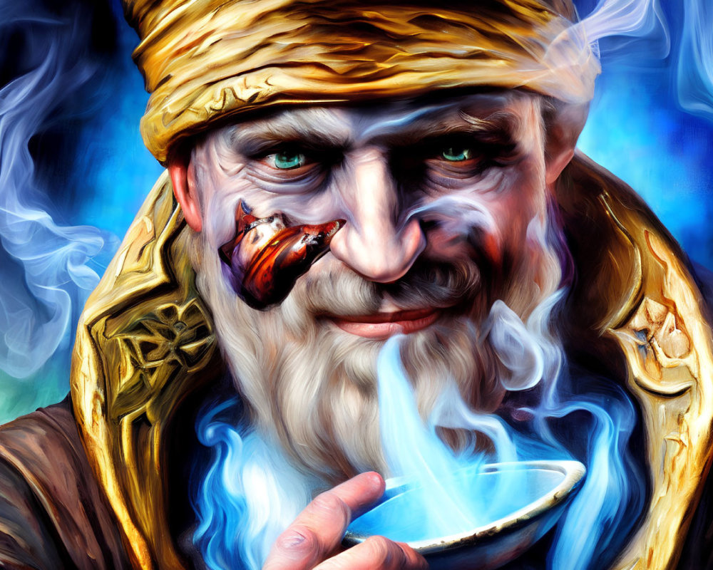 Elderly man with golden turban and pipe in mysterious gaze