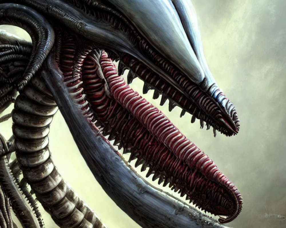 Detailed Illustration: Creature with Elongated Jaws, Sharp Teeth, and Tentacle-like Append