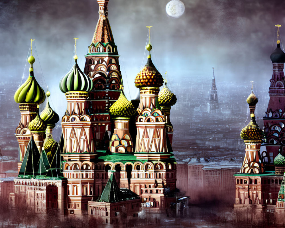 Colorful Onion Domes at Saint Basil's Cathedral Under Moonlit Sky