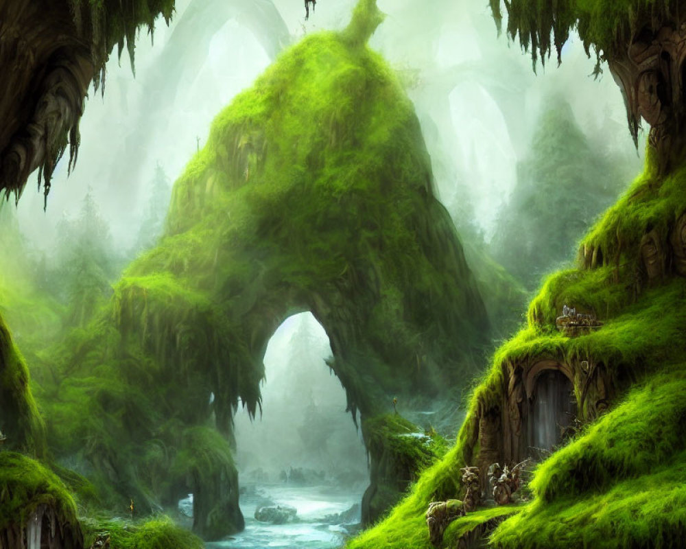 Mystical green forest with moss-covered trees, archway, river, and foggy background