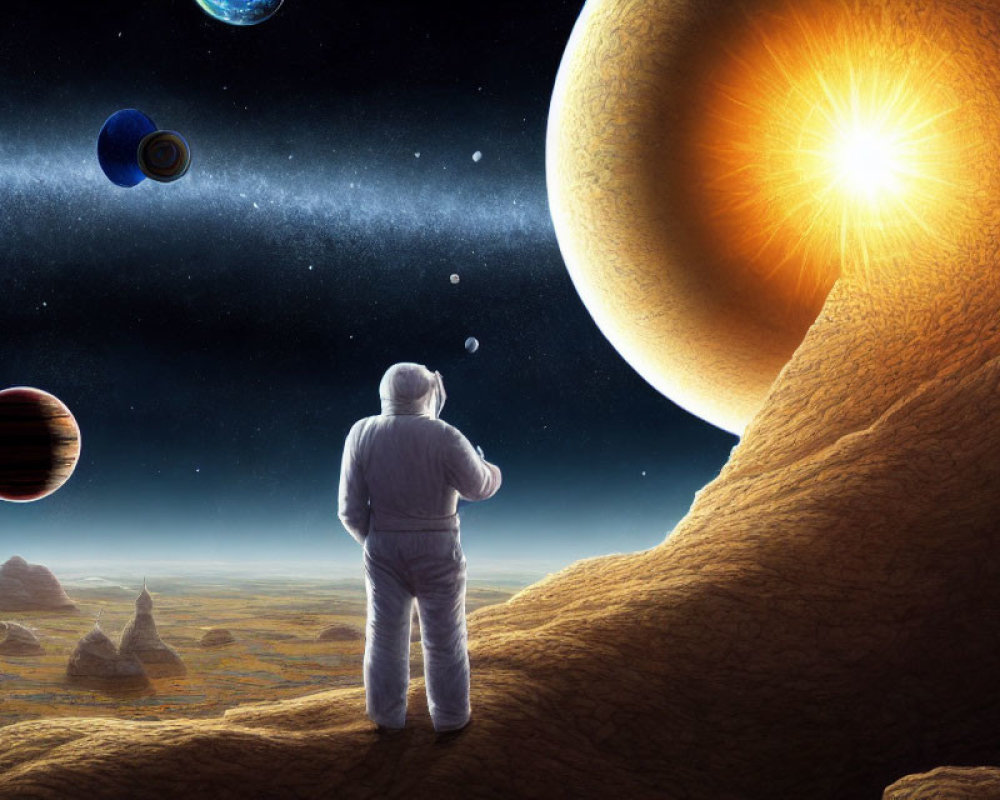 Astronaut on rocky alien surface with planets and star in cosmic backdrop