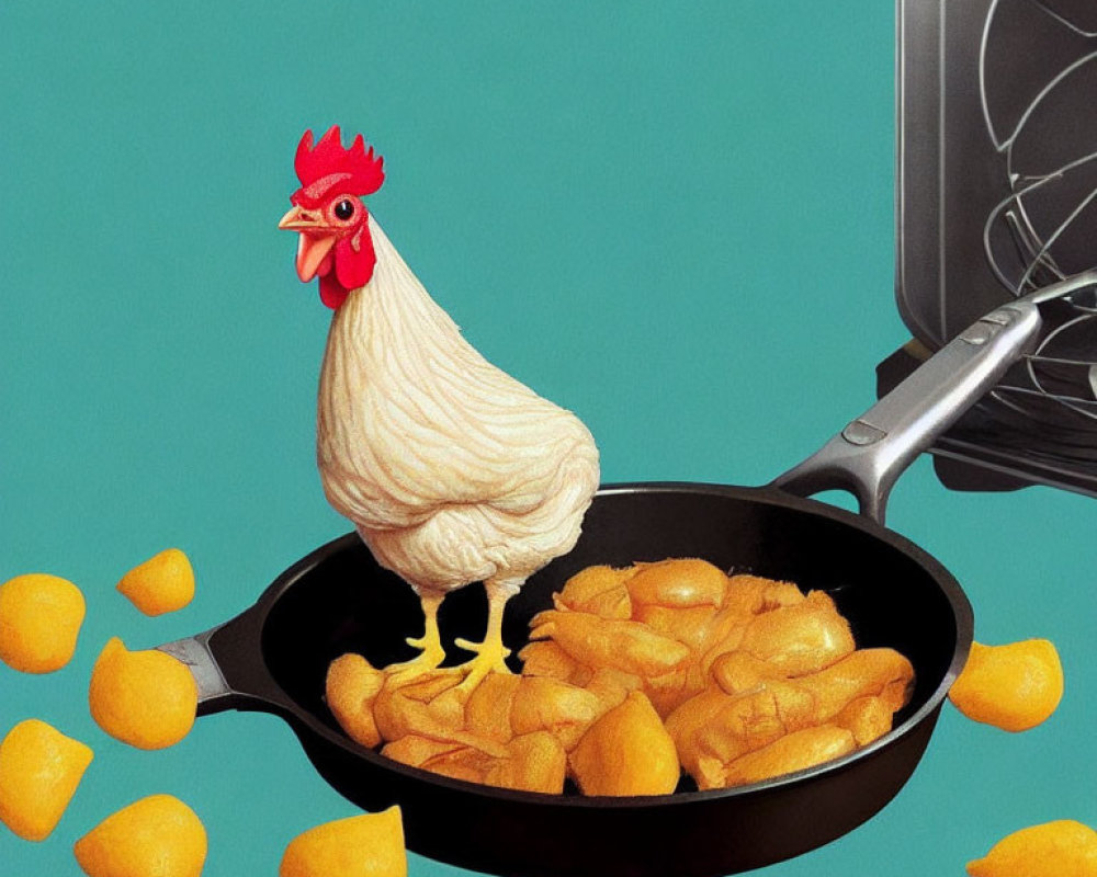 Raw chicken in skillet with fried pieces and lemon, teal background