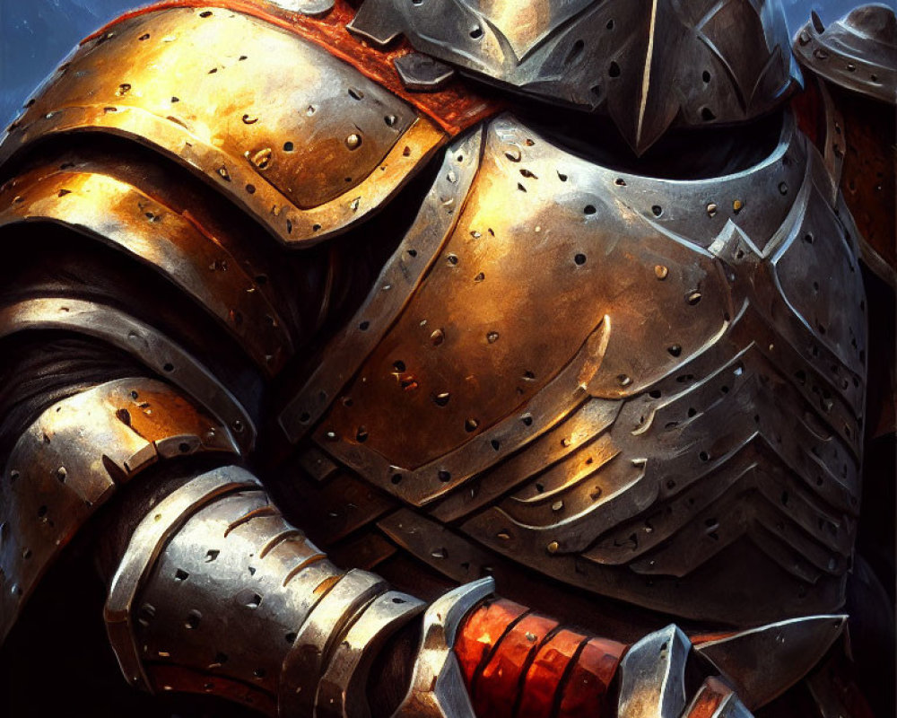 Detailed close-up illustration of a knight in shining armor with raindrops on plate mail and sword hilt