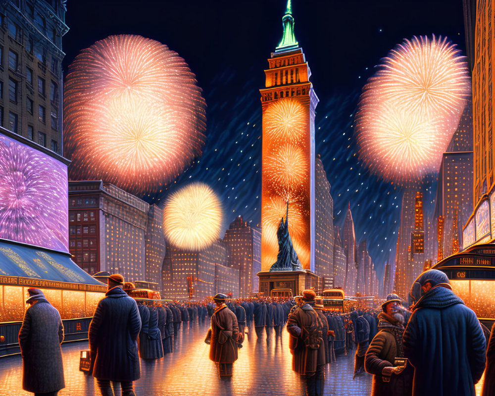 Nighttime city street with people in overcoats watching fireworks above lit buildings