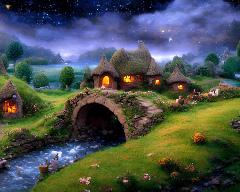 Charming village scene with thatched cottages, stone bridge, lush greenery, and starry