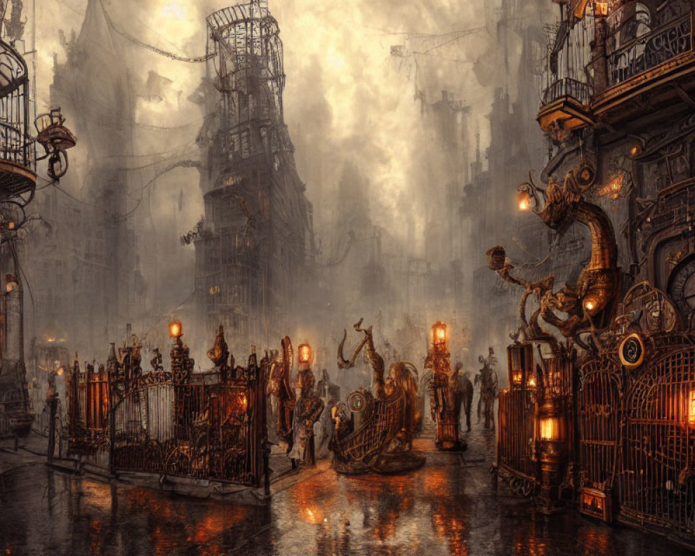 Gothic cityscape with iron gates, vintage lamps, Victorian attire, and steampunk vibe