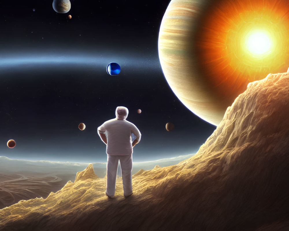 Person standing on rocky terrain gazes at vibrant cosmic scene