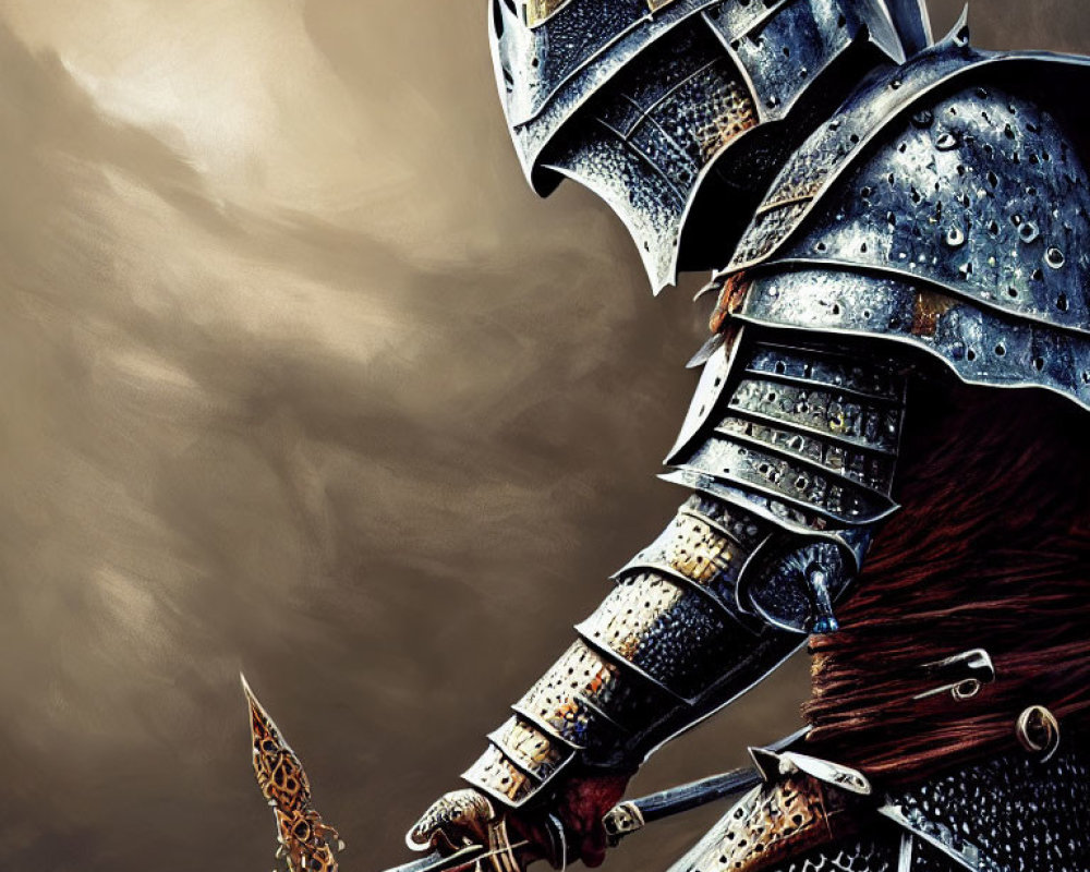 Medieval knight in plate armor with decorated sword under brooding sky