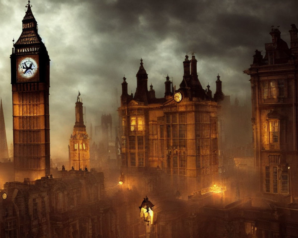 Dramatic London skyline with illuminated Big Ben under dusky sky