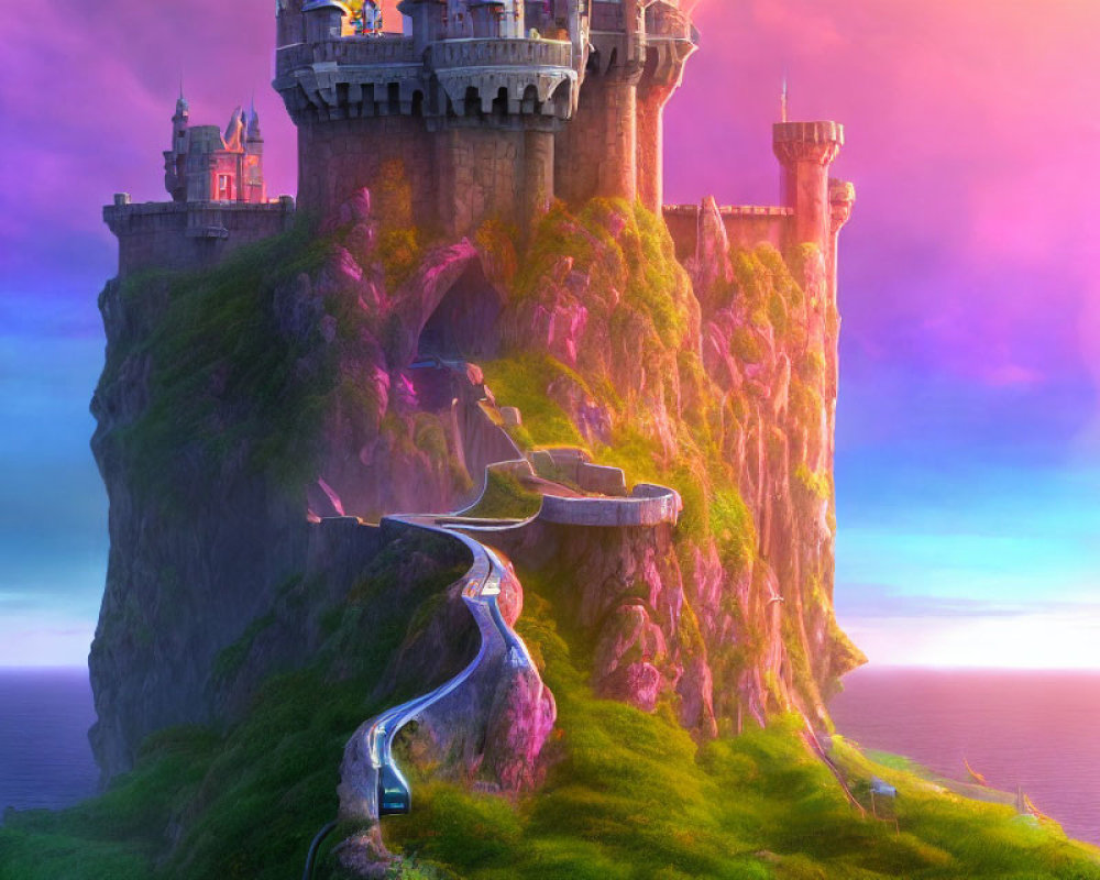 Majestic castle on cliff at sunset with winding road