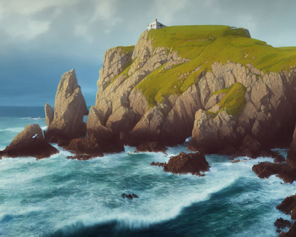 White lighthouse on cliff overlooking rocky sea under cloudy sky