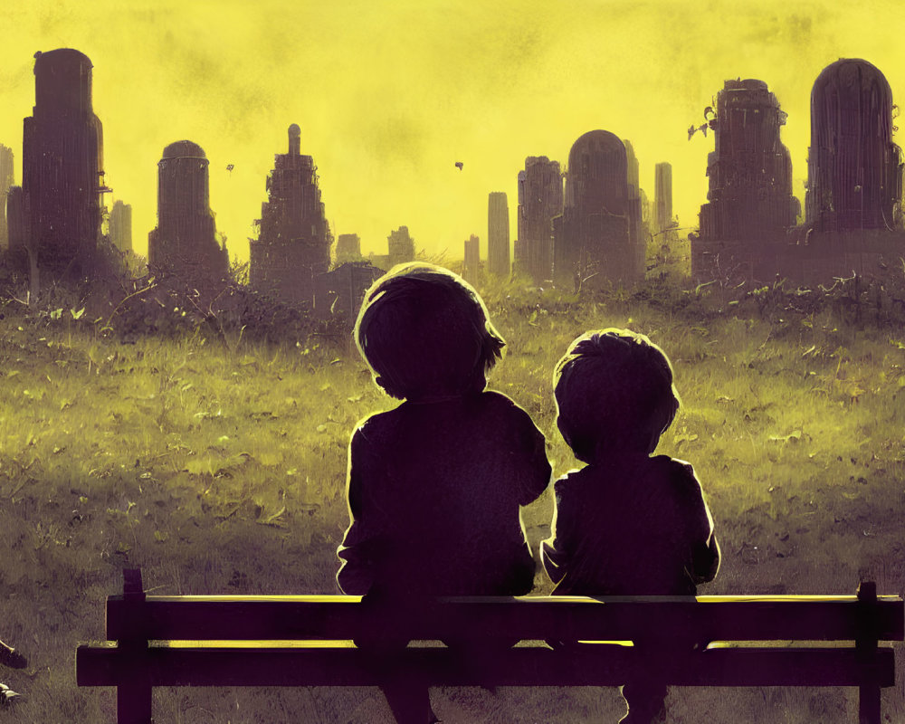 Silhouetted figures on bench in dystopian cityscape under yellow sky