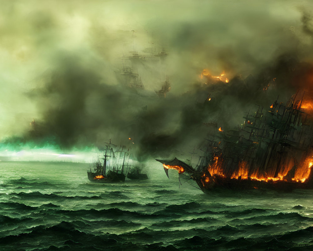 Historic naval battle scene with ships in turmoil and eerie green light