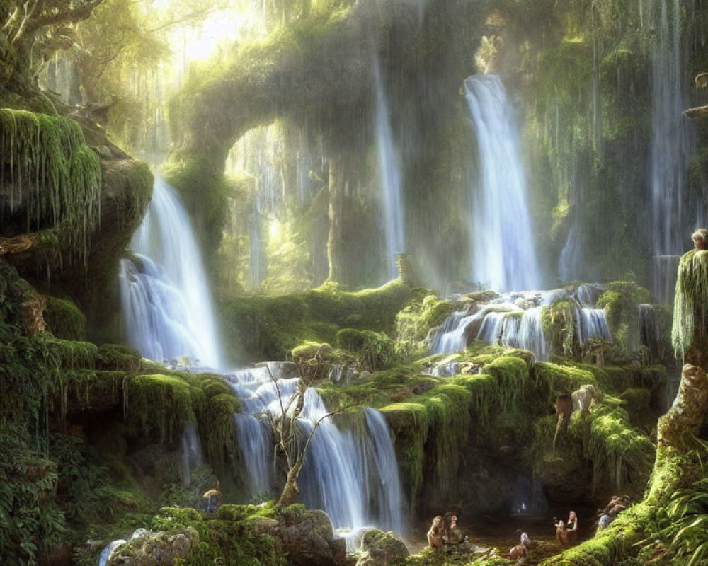 Sunlit waterfall cascading in lush forest with light beams.