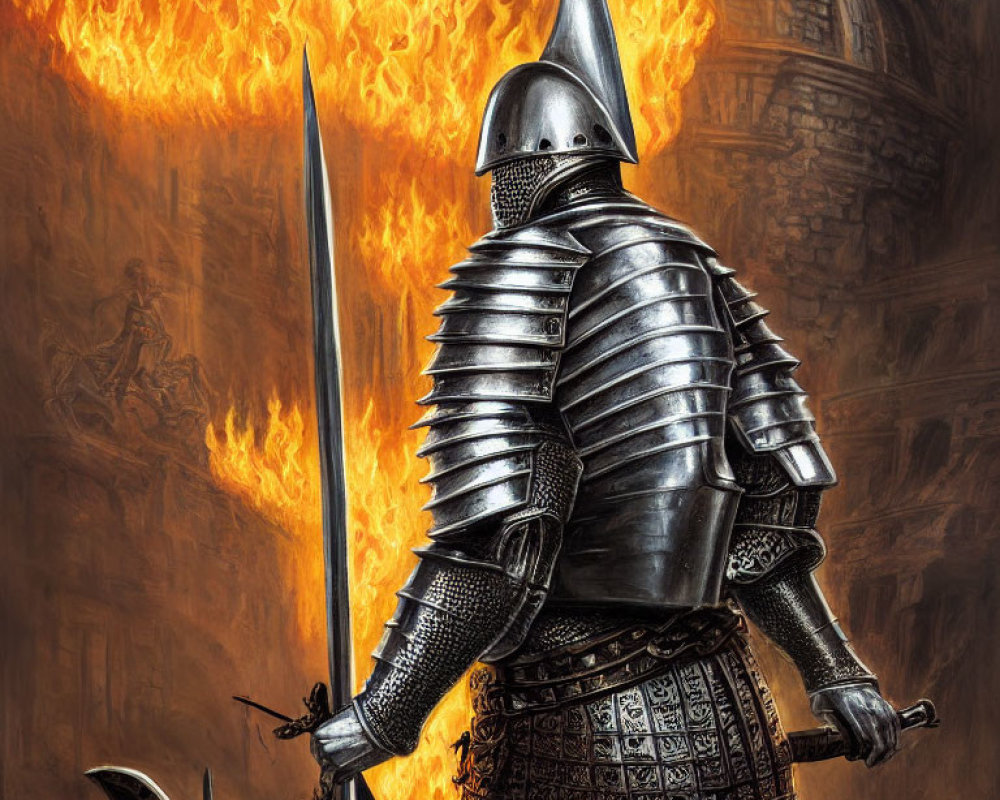 Knight in Full Plate Armor Wielding Sword in Stone Corridor Amid Flames