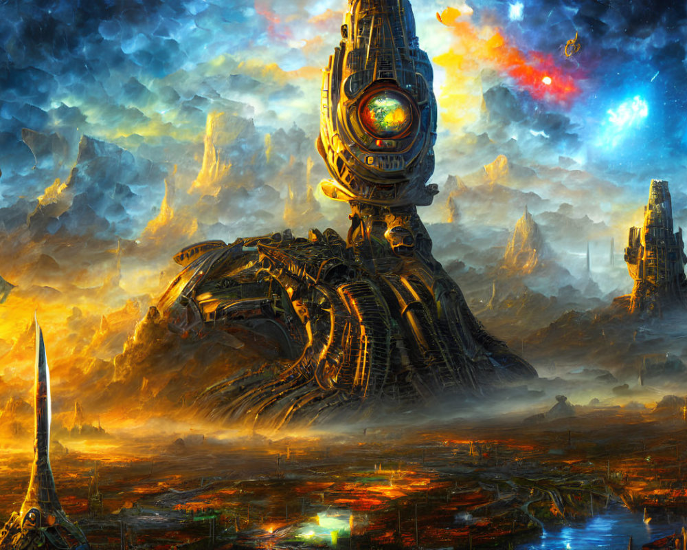 Colorful Sci-Fi Landscape with Giant Robot in Rocky Terrain