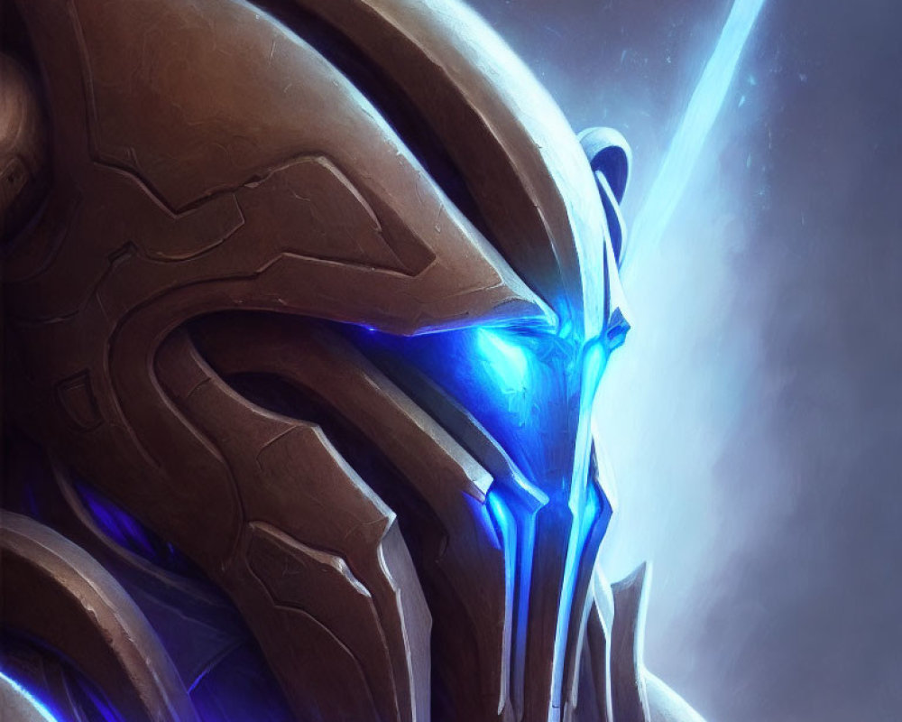 Detailed metallic helmet of futuristic robotic warrior with glowing blue visor.