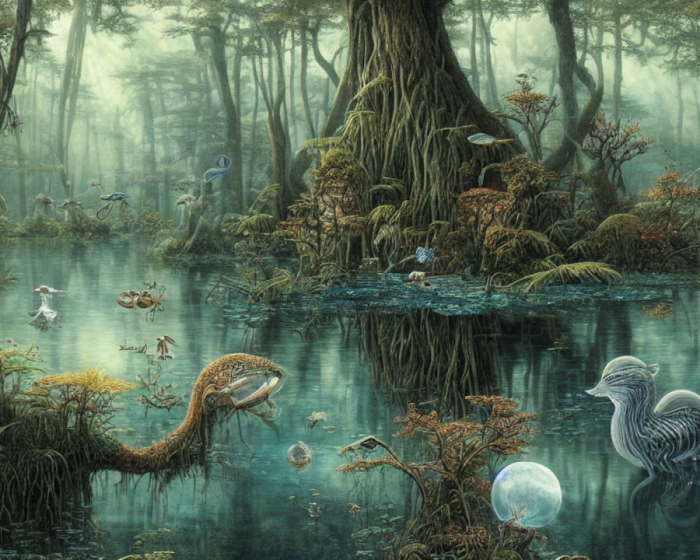 Mystical swamp with diverse fauna and ethereal blue plants