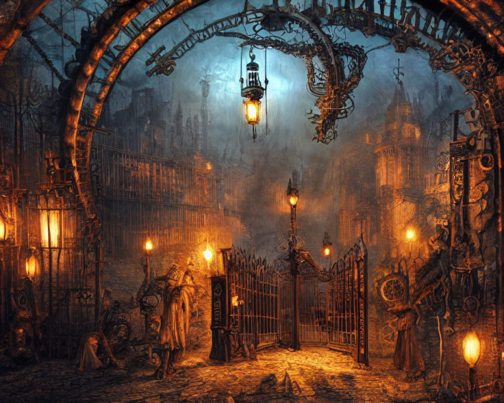 Gothic streetscape at night with wrought-iron gates, vintage lanterns, cobblestone