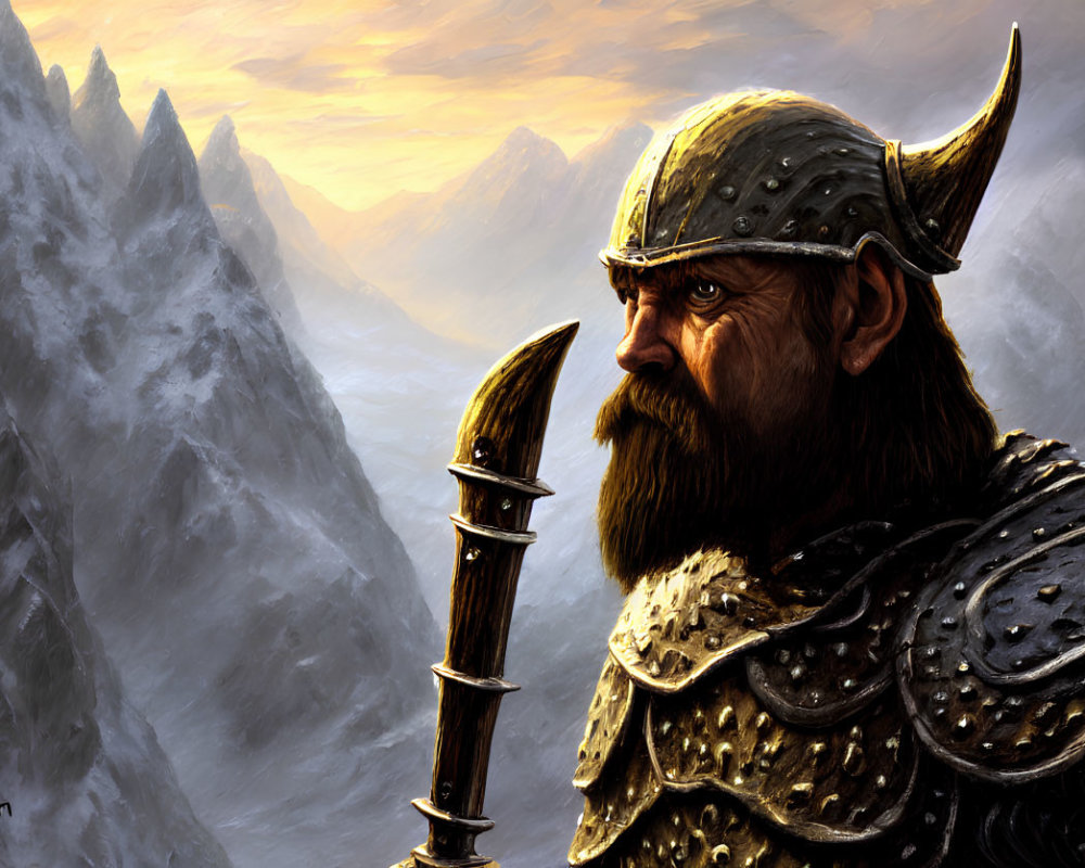 Bearded fantasy warrior with horned helmet holding spear in mountainous landscape