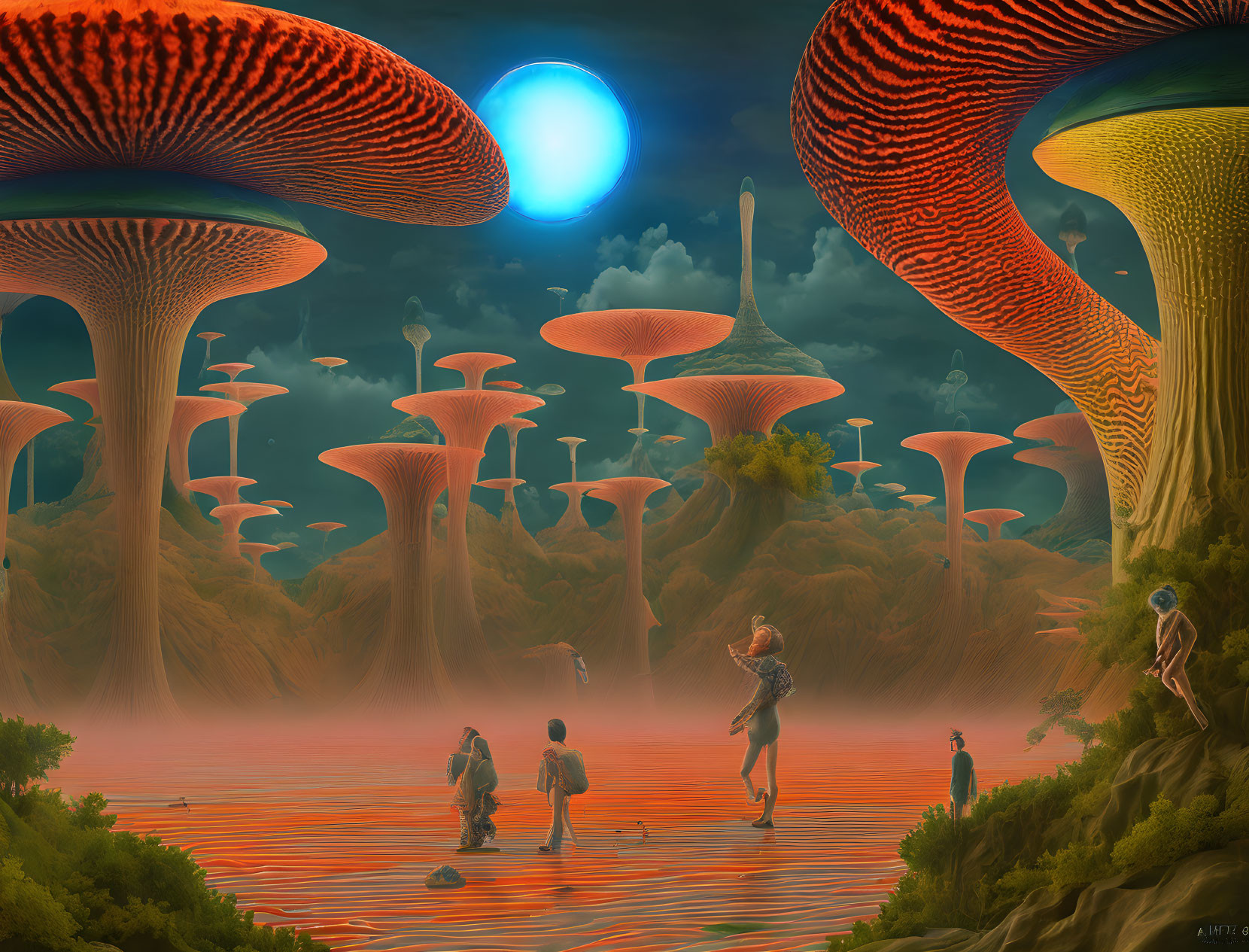 Surreal landscape with giant mushrooms, blue sun, and humanoid figures