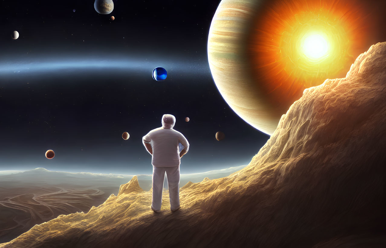 Person standing on rocky terrain gazes at vibrant cosmic scene