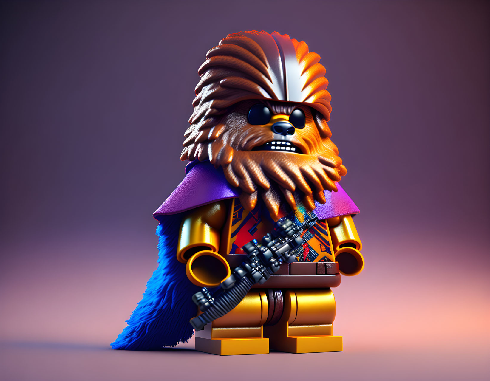 Stylized LEGO figure with Chewbacca-inspired design and accessories