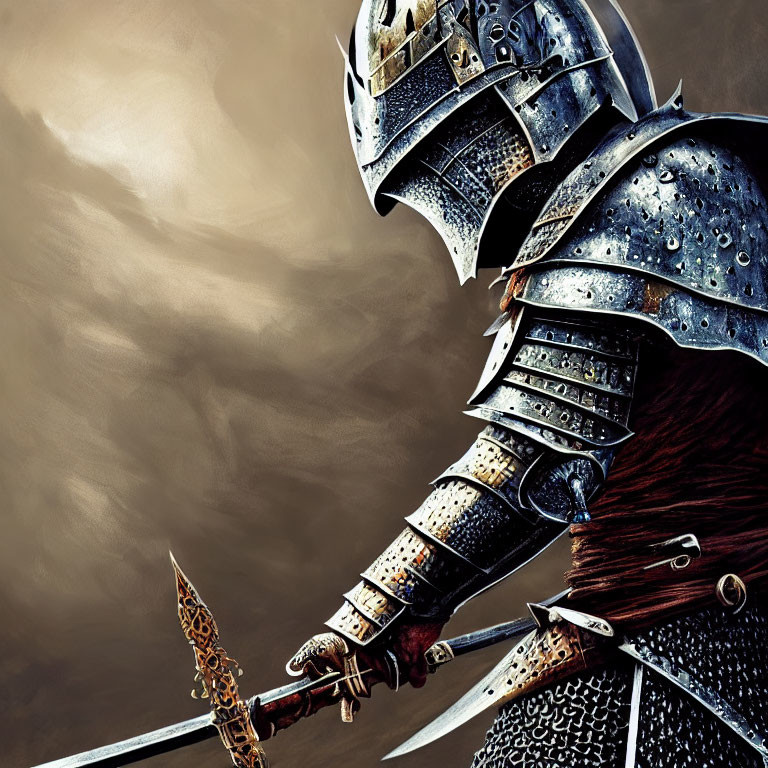 Medieval knight in plate armor with decorated sword under brooding sky