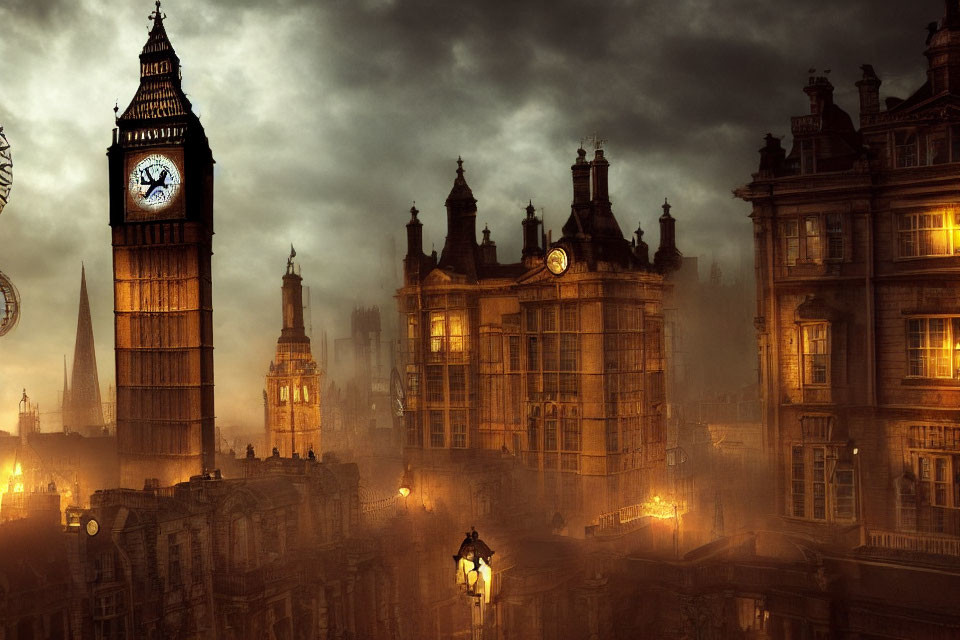 Dramatic London skyline with illuminated Big Ben under dusky sky