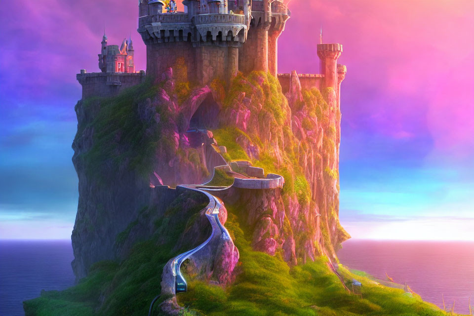 Majestic castle on cliff at sunset with winding road