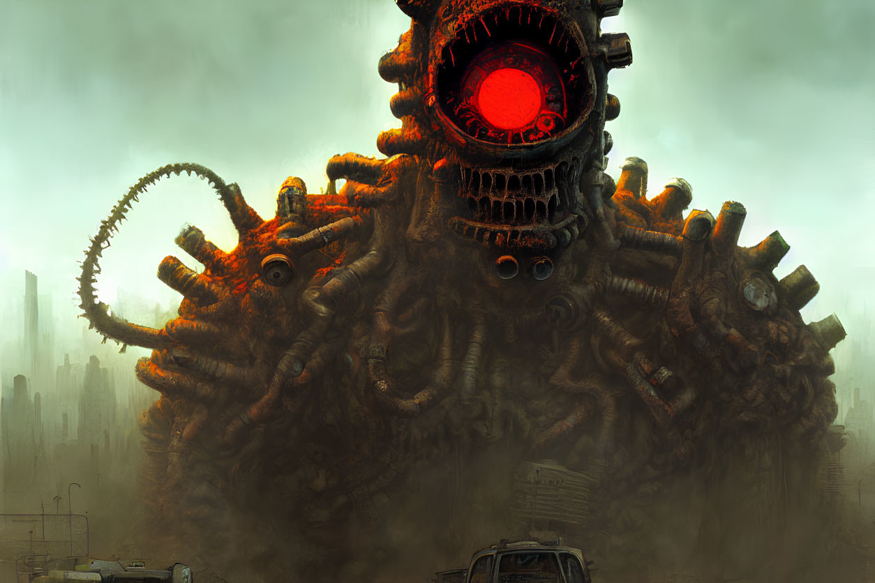 Gigantic tentacled mechanical horror with glowing red eye in dystopian cityscape