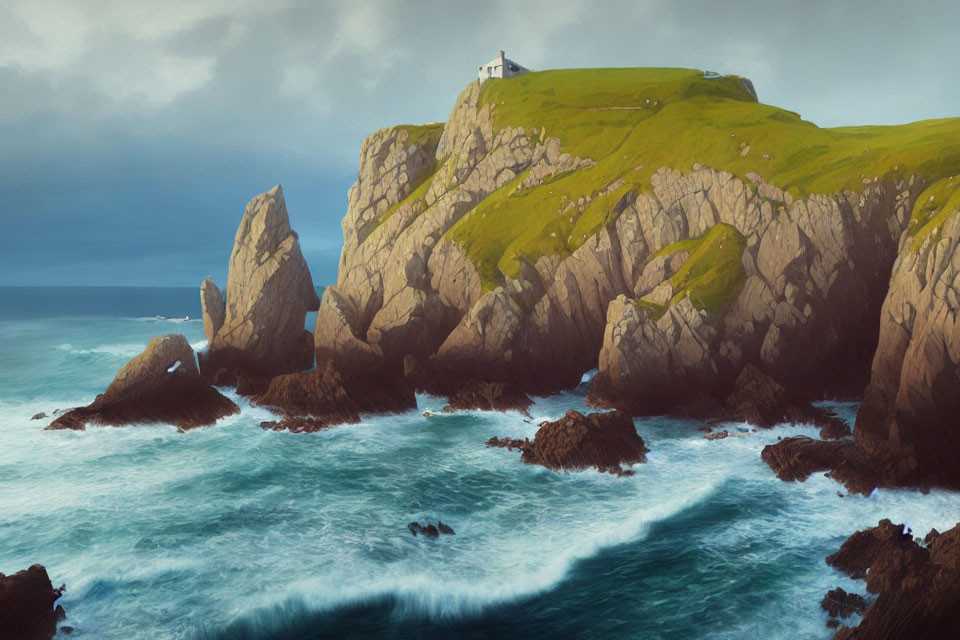 White lighthouse on cliff overlooking rocky sea under cloudy sky