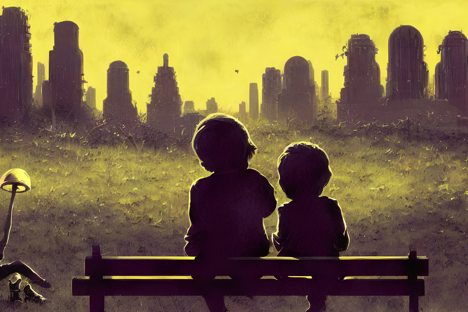 Silhouetted figures on bench in dystopian cityscape under yellow sky