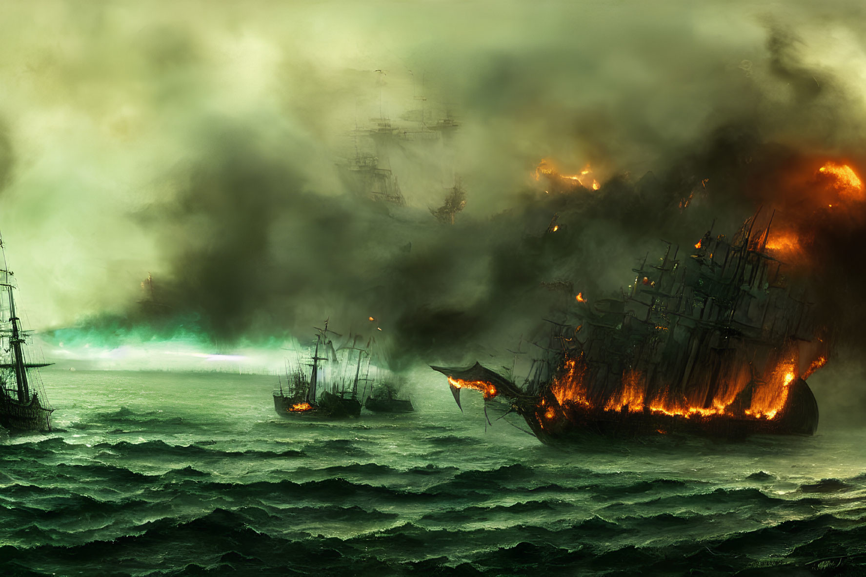 Historic naval battle scene with ships in turmoil and eerie green light