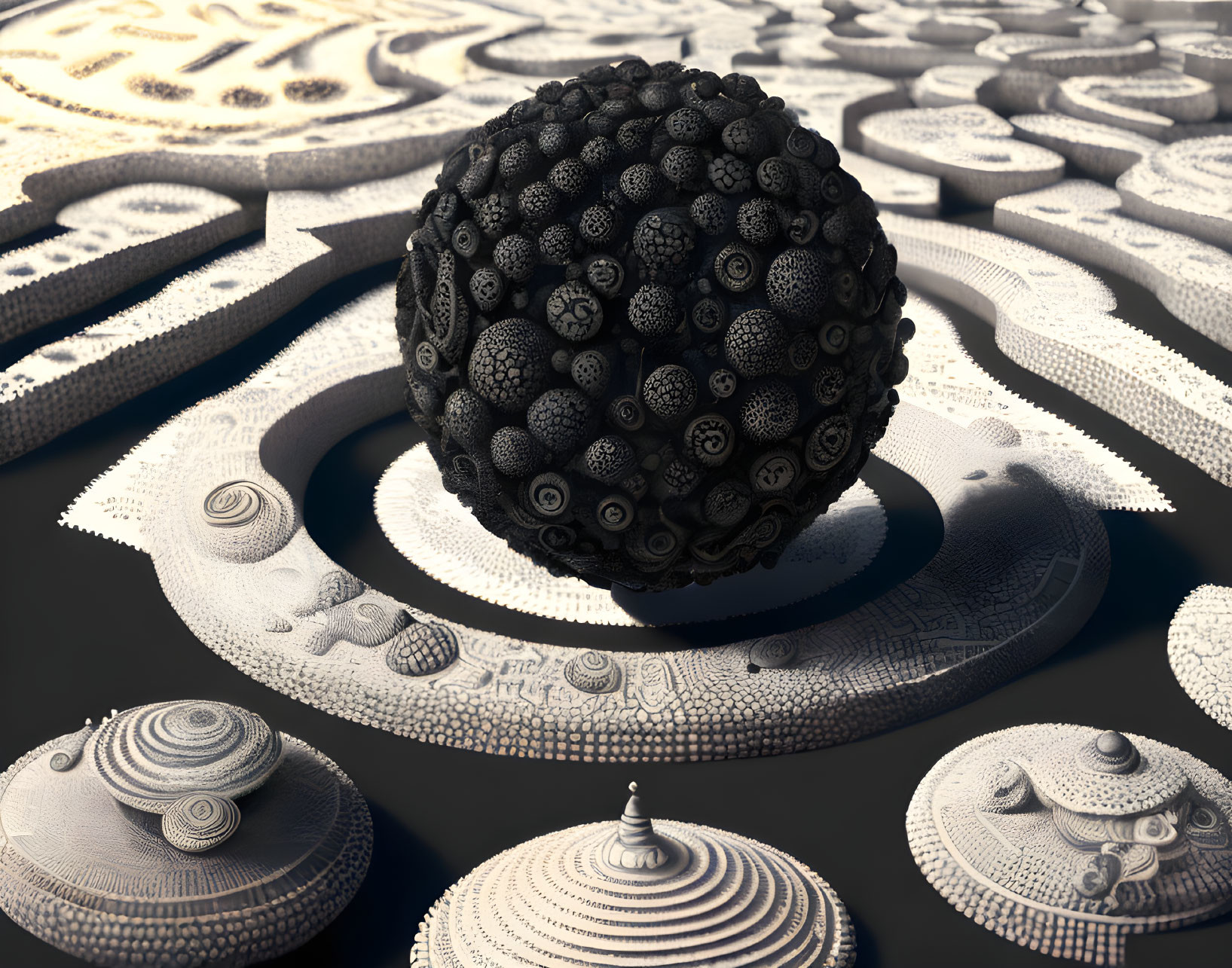 Intricate Textured Sphere on Circular Platform with Artistic Orbs