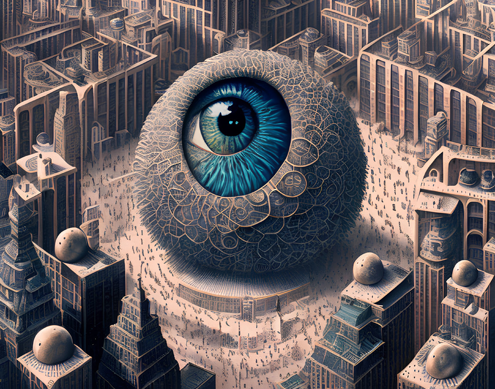 Surreal artwork featuring giant eye in urban labyrinth