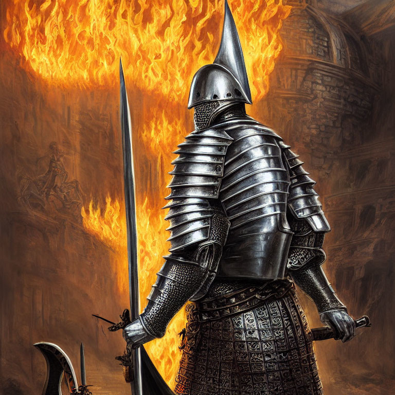 Knight in Full Plate Armor Wielding Sword in Stone Corridor Amid Flames