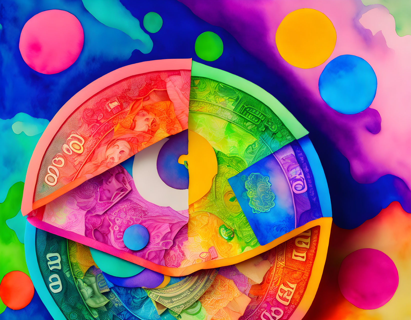 Vibrant abstract background with currency note pie chart and translucent circles