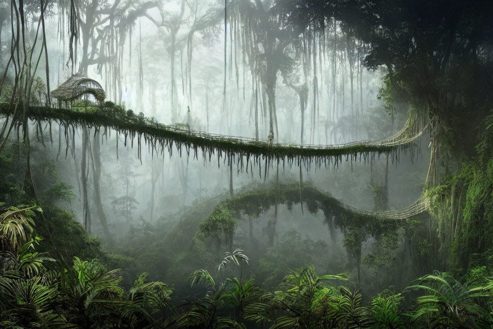 Misty rainforest with rope bridge and hut in lush greenery