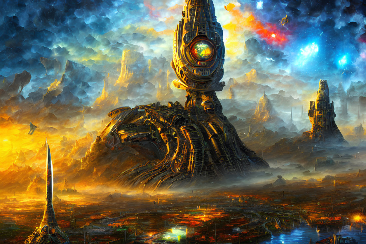 Colorful Sci-Fi Landscape with Giant Robot in Rocky Terrain