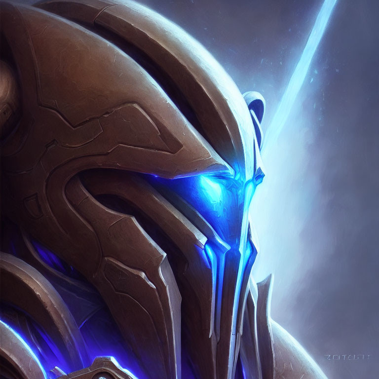 Detailed metallic helmet of futuristic robotic warrior with glowing blue visor.