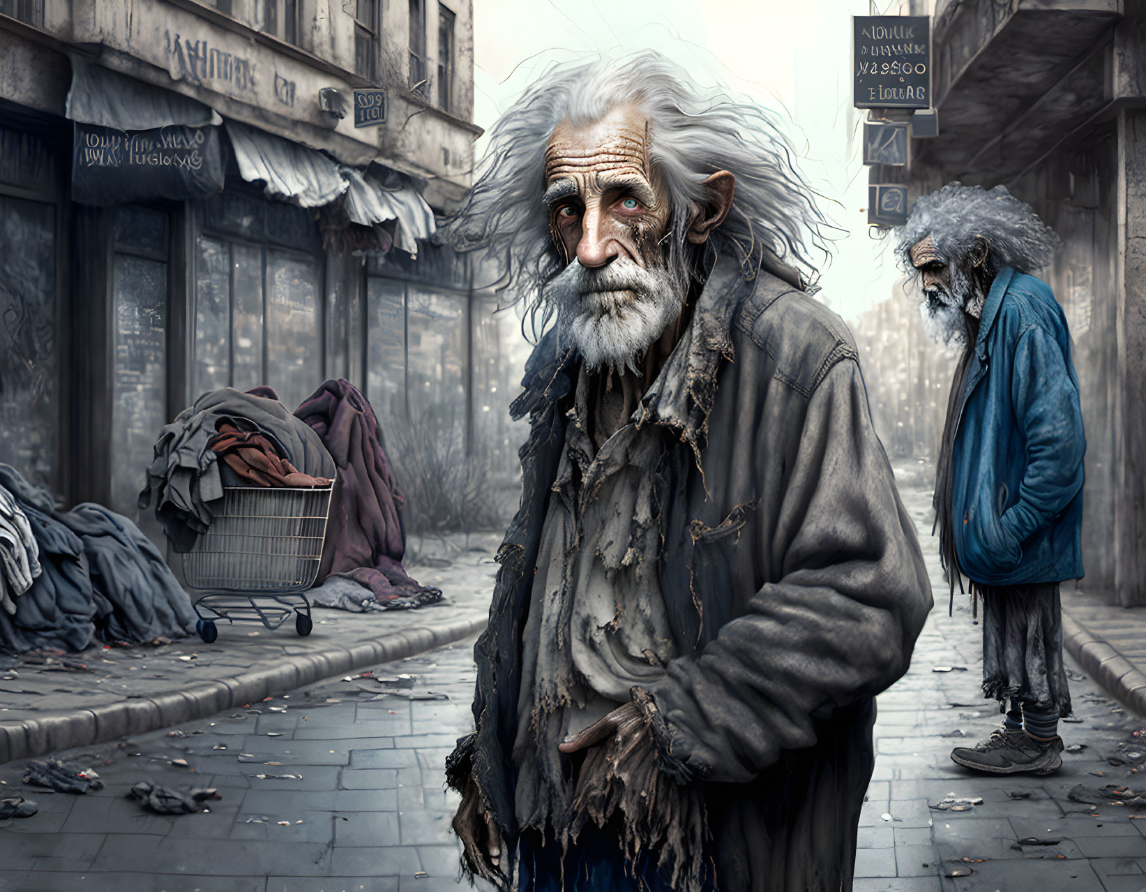 Elderly homeless man with beard on urban street beside sleeping man