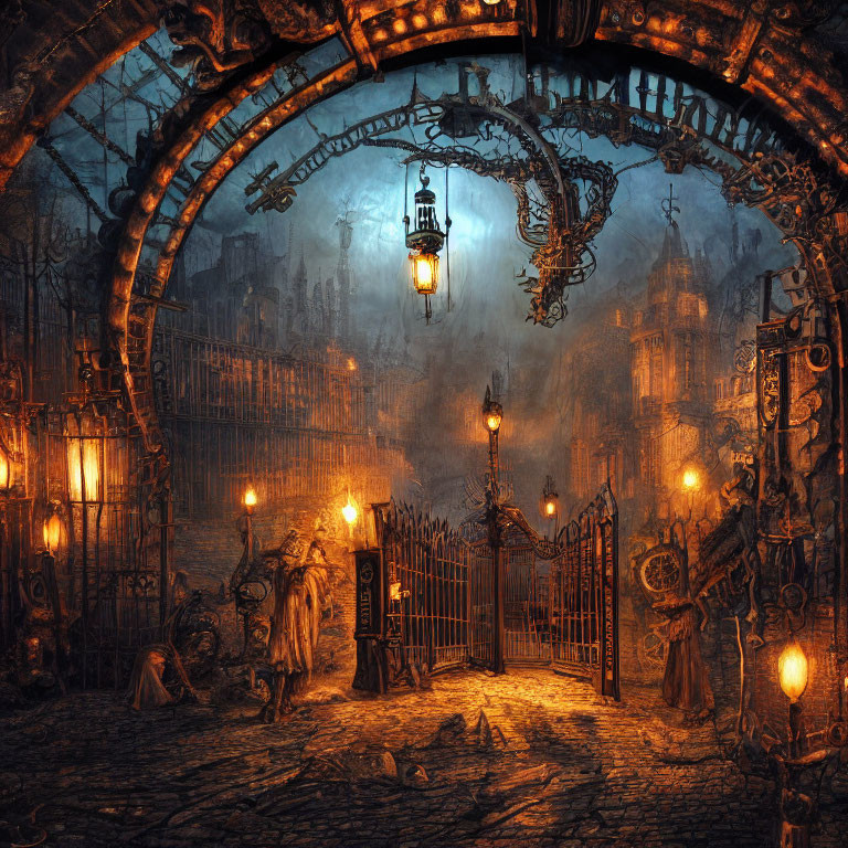 Gothic streetscape at night with wrought-iron gates, vintage lanterns, cobblestone