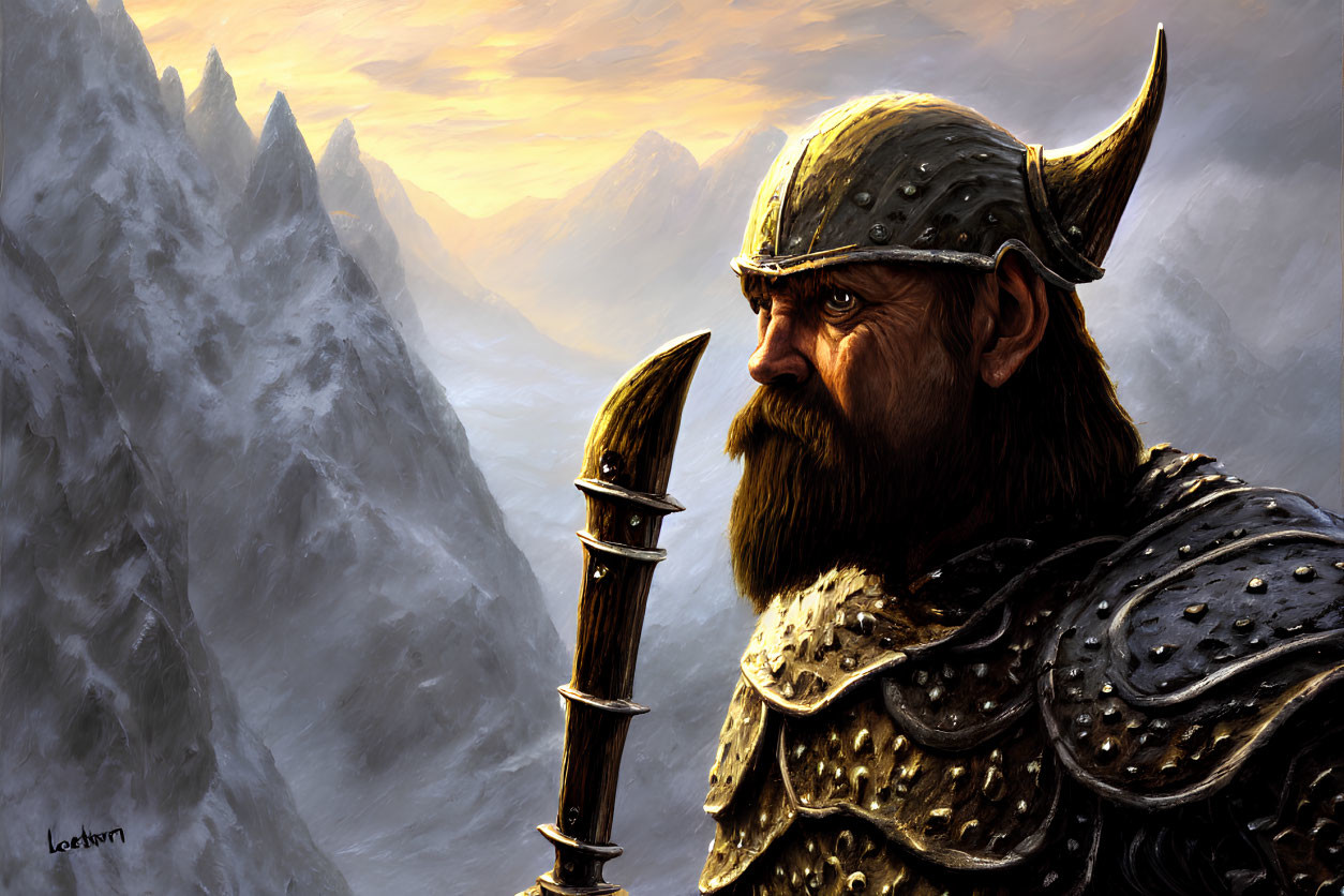 Bearded fantasy warrior with horned helmet holding spear in mountainous landscape