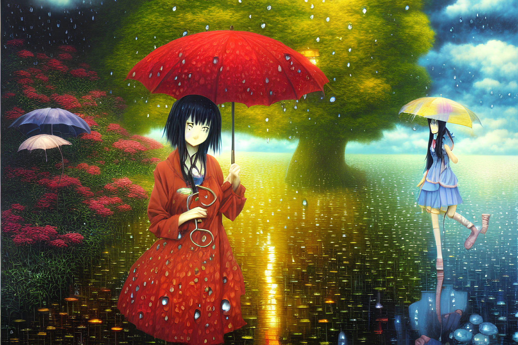 Anime-style girls with umbrellas in magical rain shower