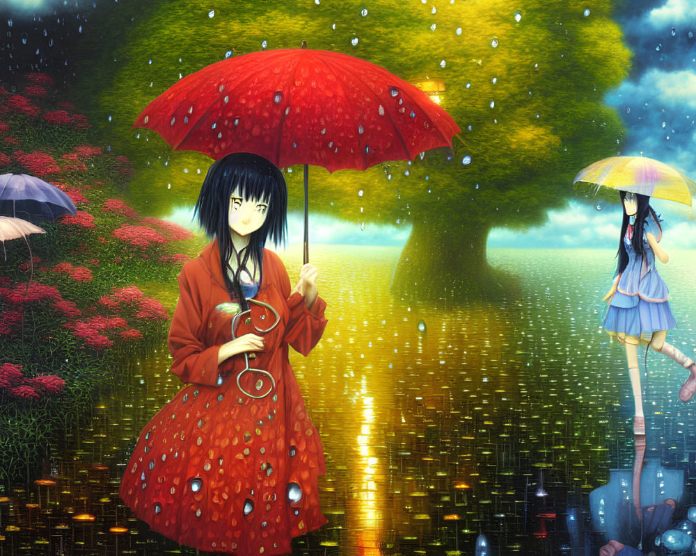 Anime-style girls with umbrellas in magical rain shower