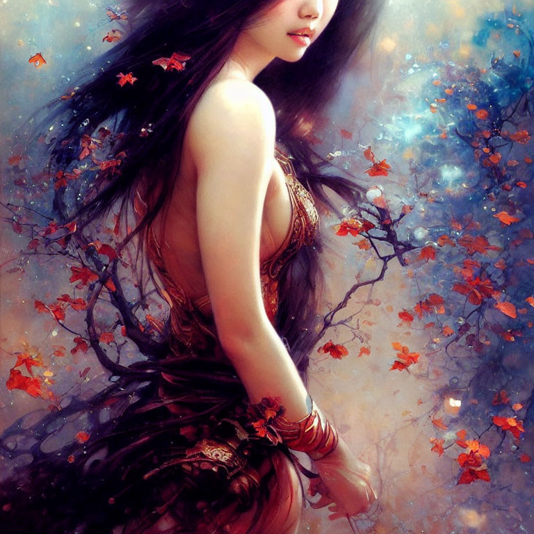 Ethereal artwork of woman with black hair in floral dress amid mystical aura