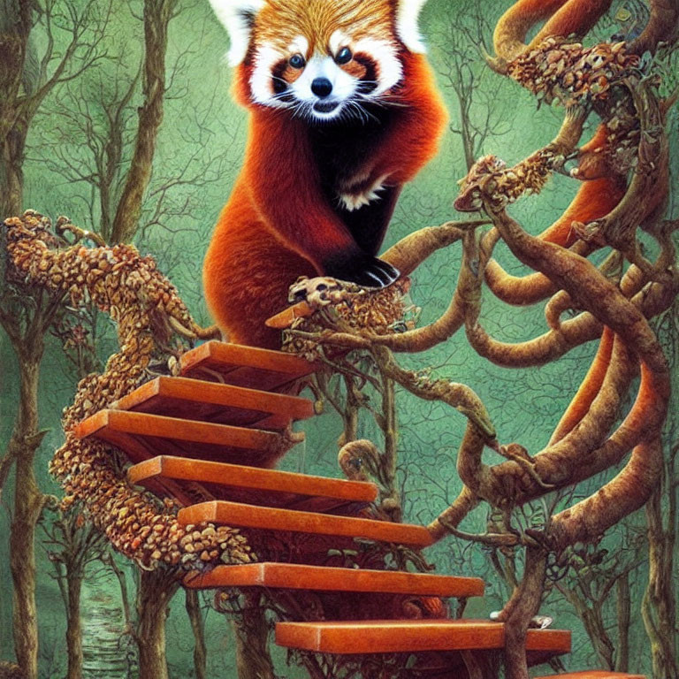 Red Panda on Spiral Staircase in Forest Setting