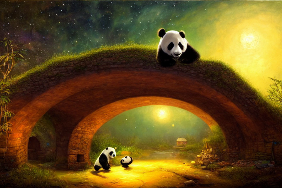 Artwork of two pandas under starry sky on grass bridge.